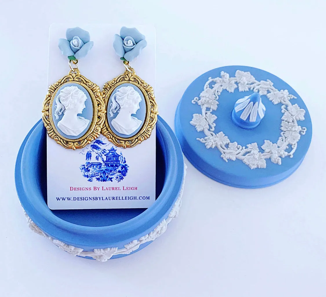 Wedgwood Blue Floral Cameo Earrings