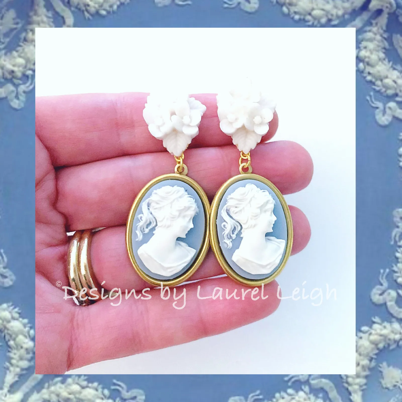 Wedgwood Blue Floral Cameo Earrings