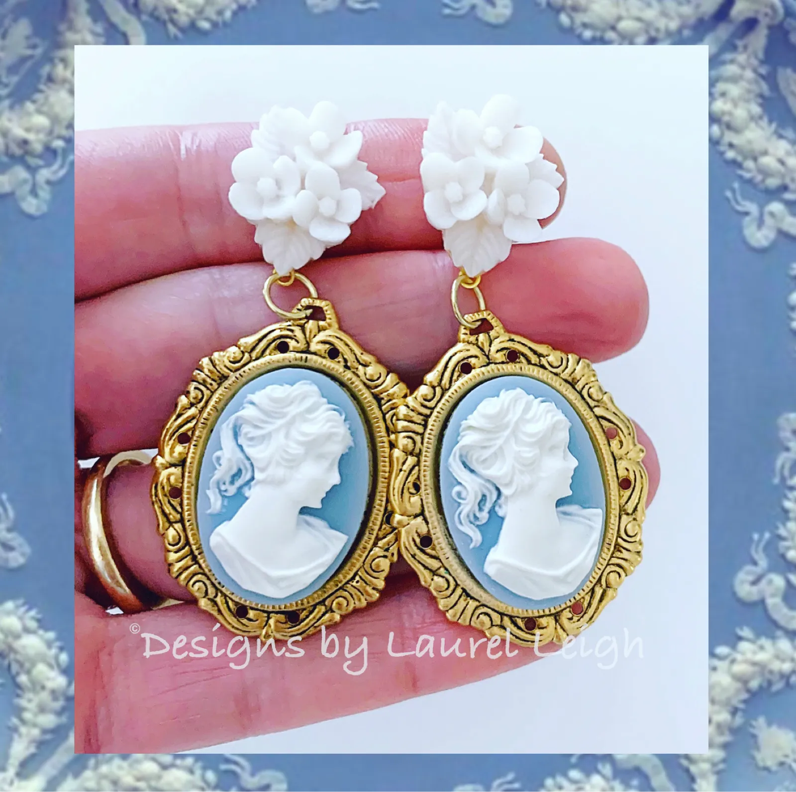 Wedgwood Blue Floral Cameo Earrings
