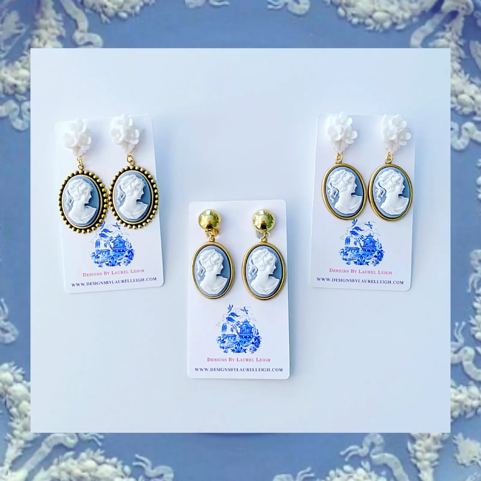 Wedgwood Blue Floral Cameo Earrings