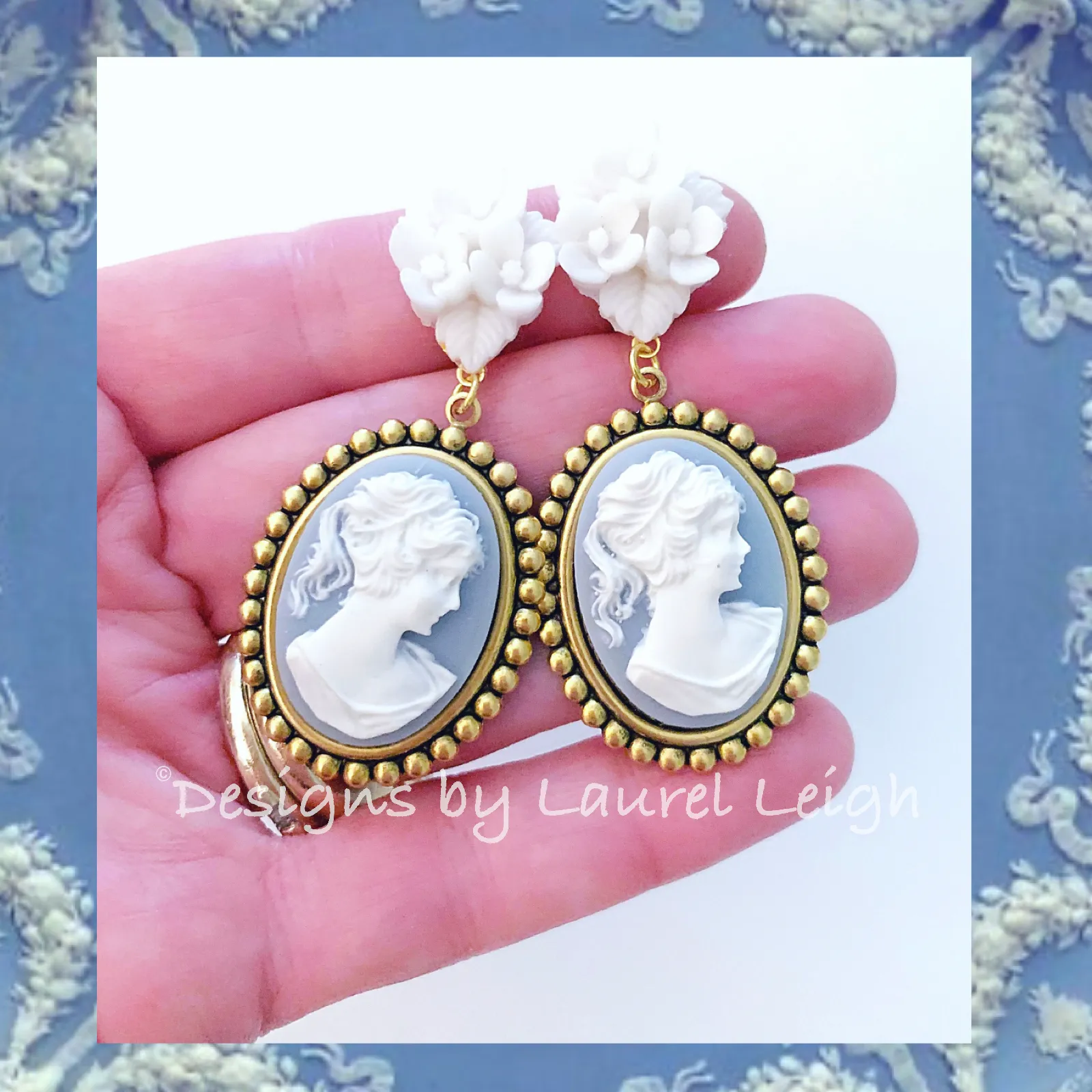 Wedgwood Blue Floral Cameo Earrings