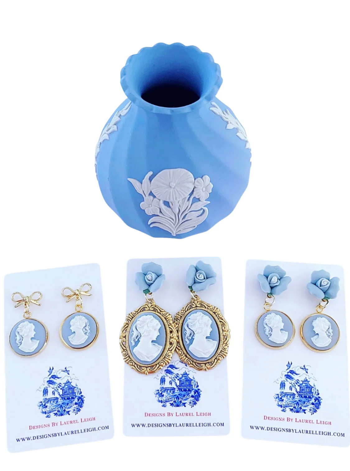 Wedgwood Blue Floral Cameo Earrings