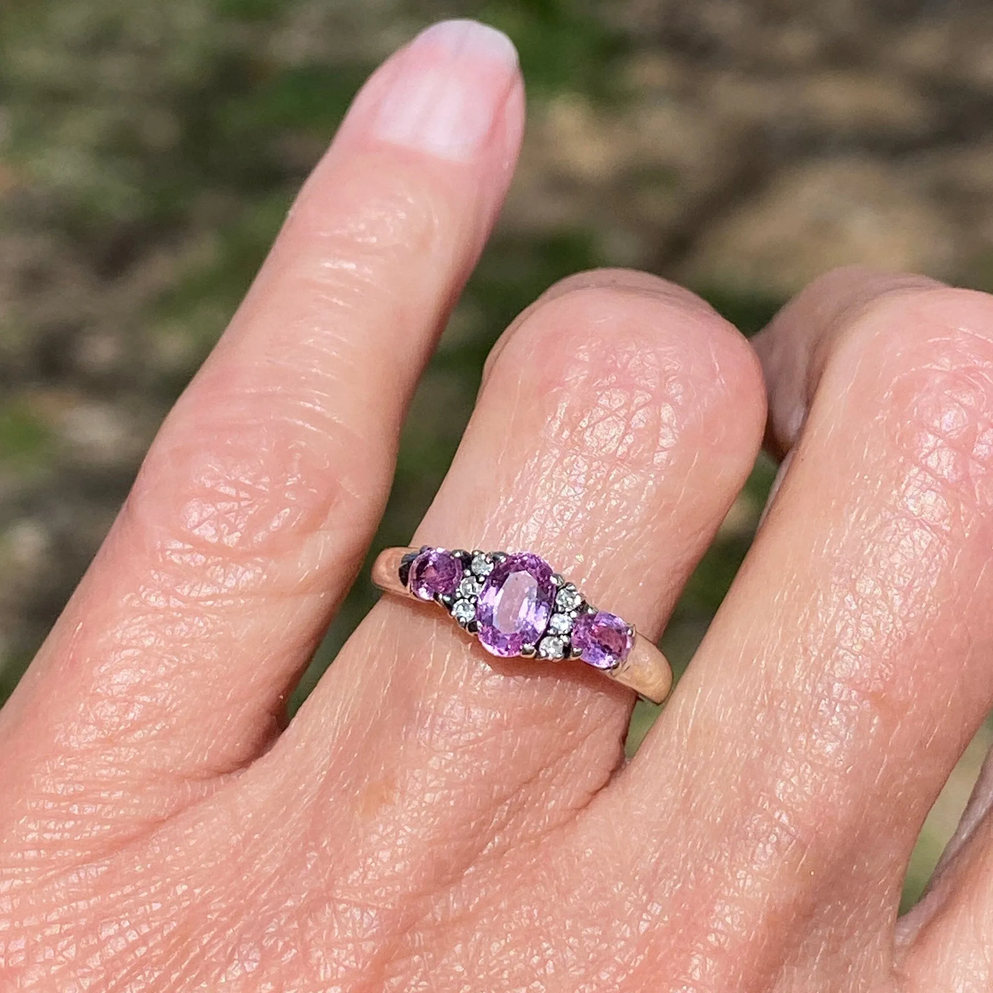 White Gold Three Stone Pink Sapphire Diamond Ring