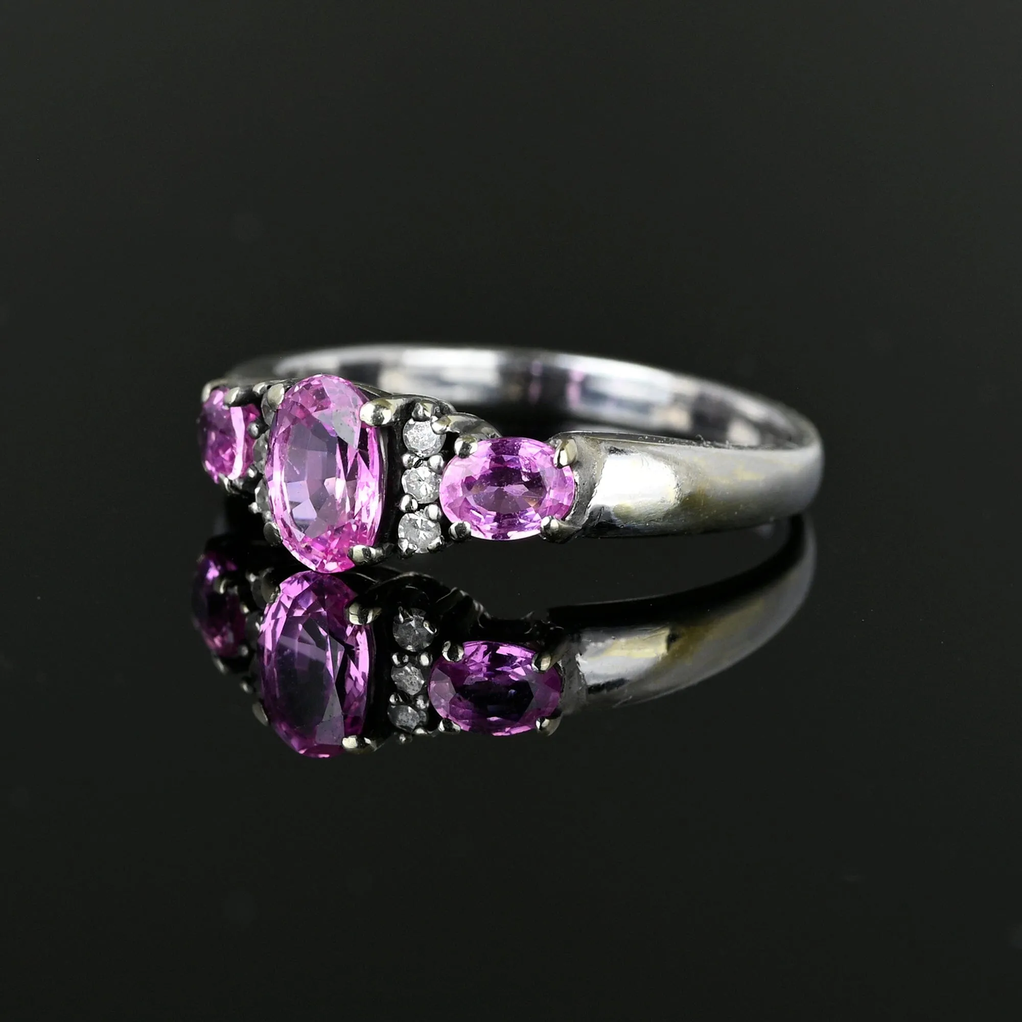 White Gold Three Stone Pink Sapphire Diamond Ring