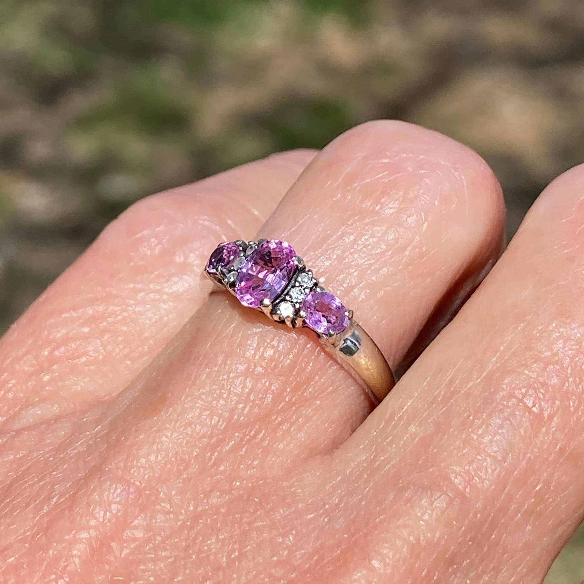 White Gold Three Stone Pink Sapphire Diamond Ring