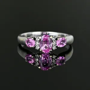 White Gold Three Stone Pink Sapphire Diamond Ring