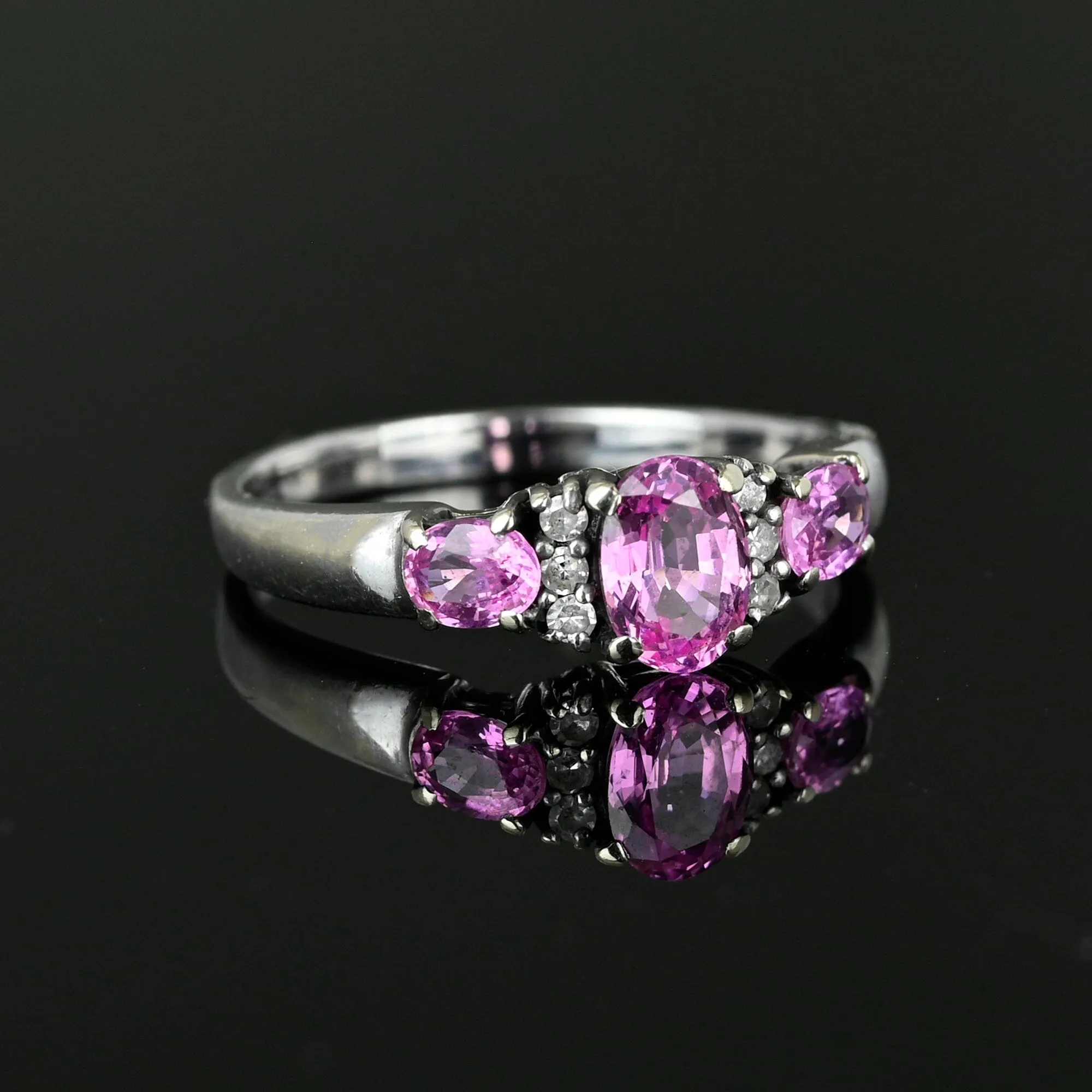 White Gold Three Stone Pink Sapphire Diamond Ring