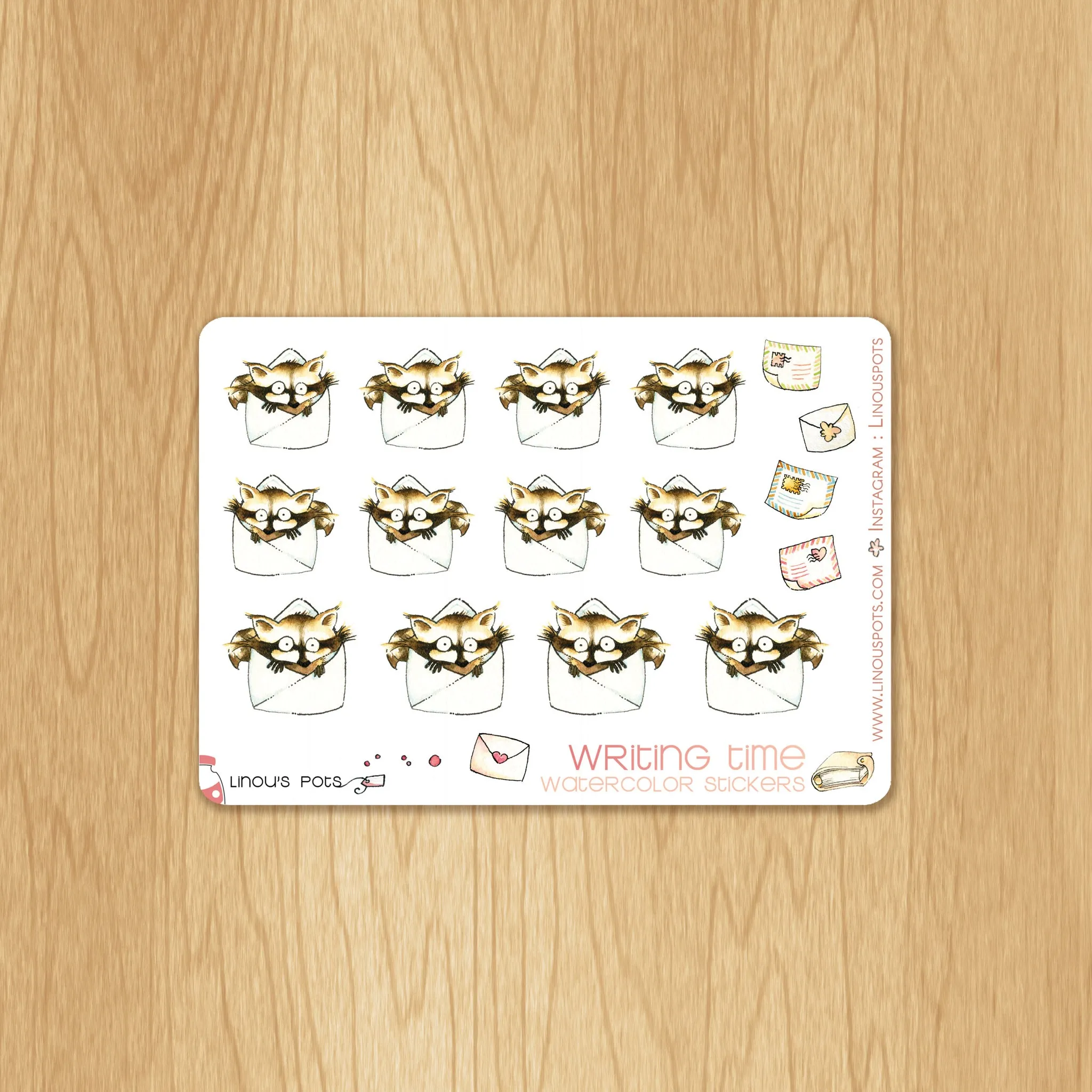 Writing Time - Decorative Watercolor Stickers - Raccoons in Envelopes